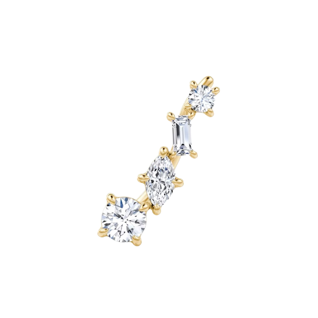 14K gold mini diamond earrings featuring a unique combination of round, marquise, and emerald-cut diamonds in a sophisticated stud design.