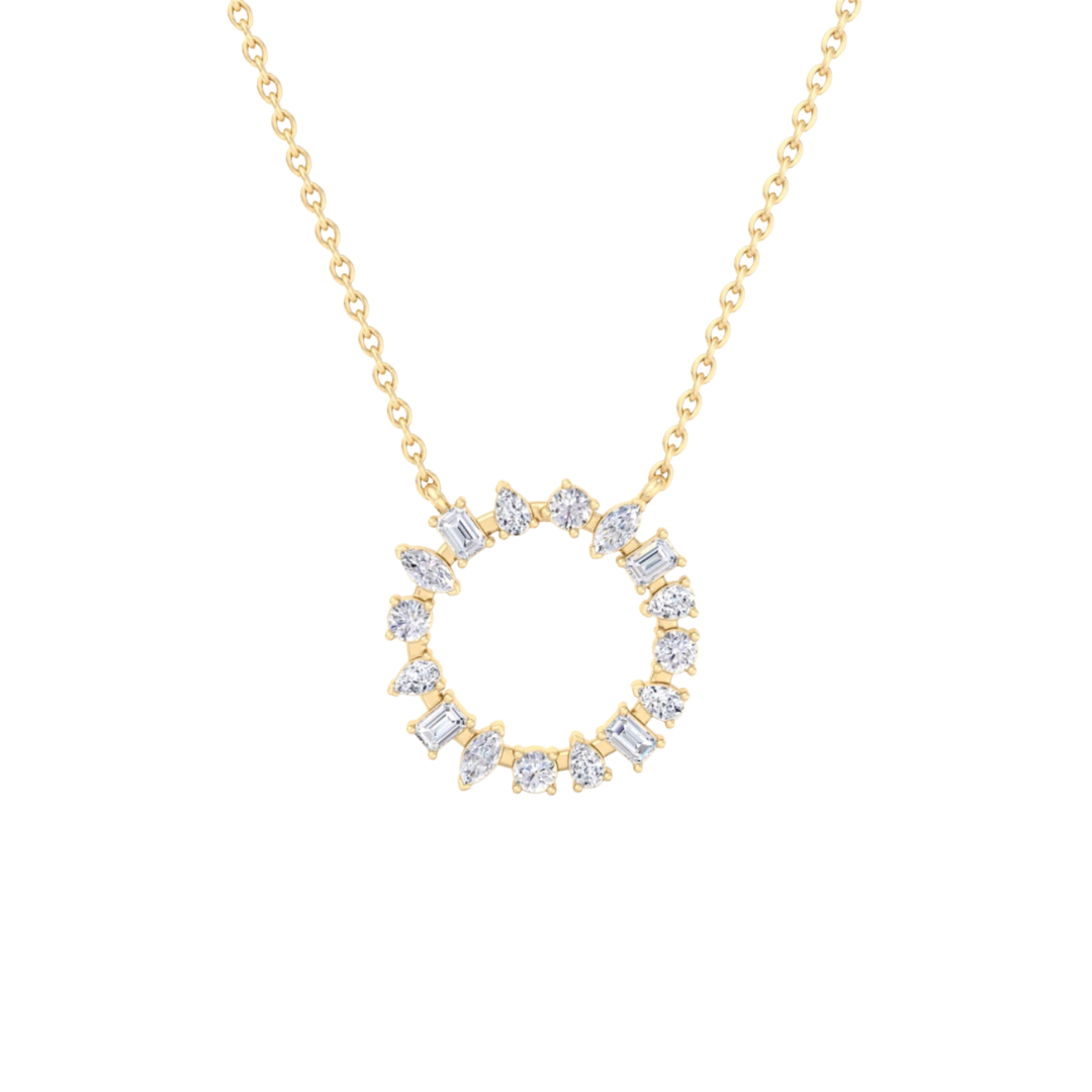 14k gold multi shape diamond circle pendant with lab-created diamonds by Sakaris Jewelers