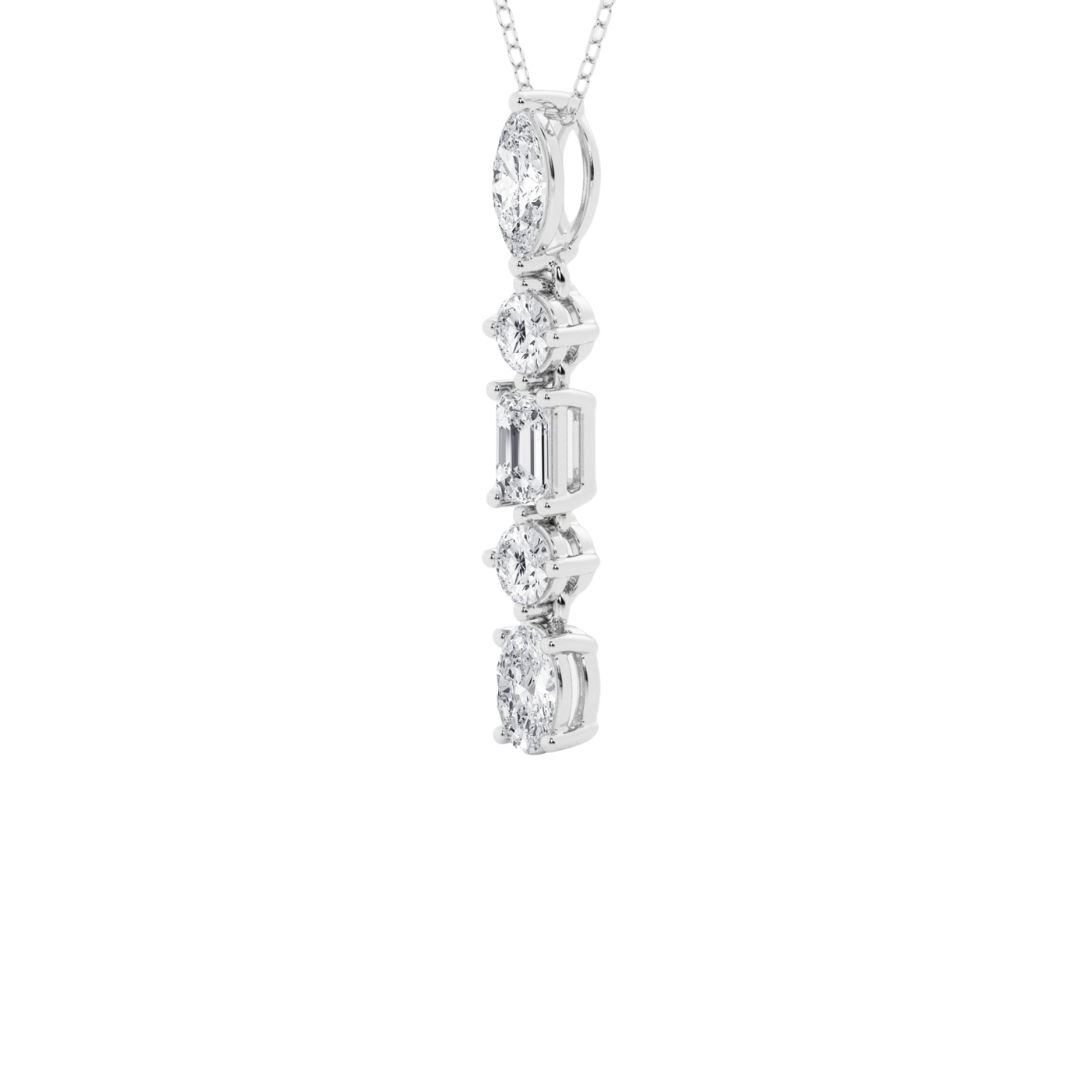 14K gold drop pendant necklace featuring marquise, round, emerald, and oval-cut diamonds in an elegant cascading design.