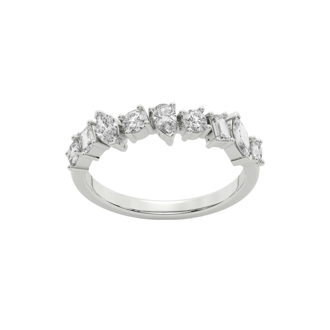 14K gold half eternity ring featuring a mix of round, emerald, marquise, and pear-cut diamonds in a stunning prong setting.