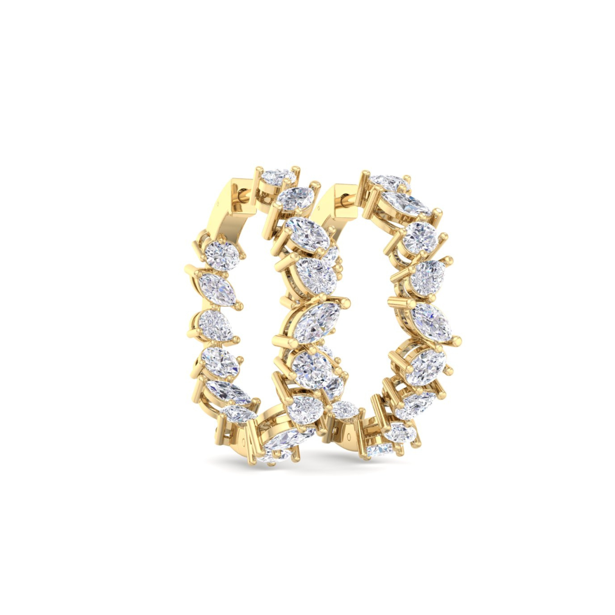14k gold multi-shape diamond inside out hoop earrings with marquise, oval, and pear lab-created diamonds