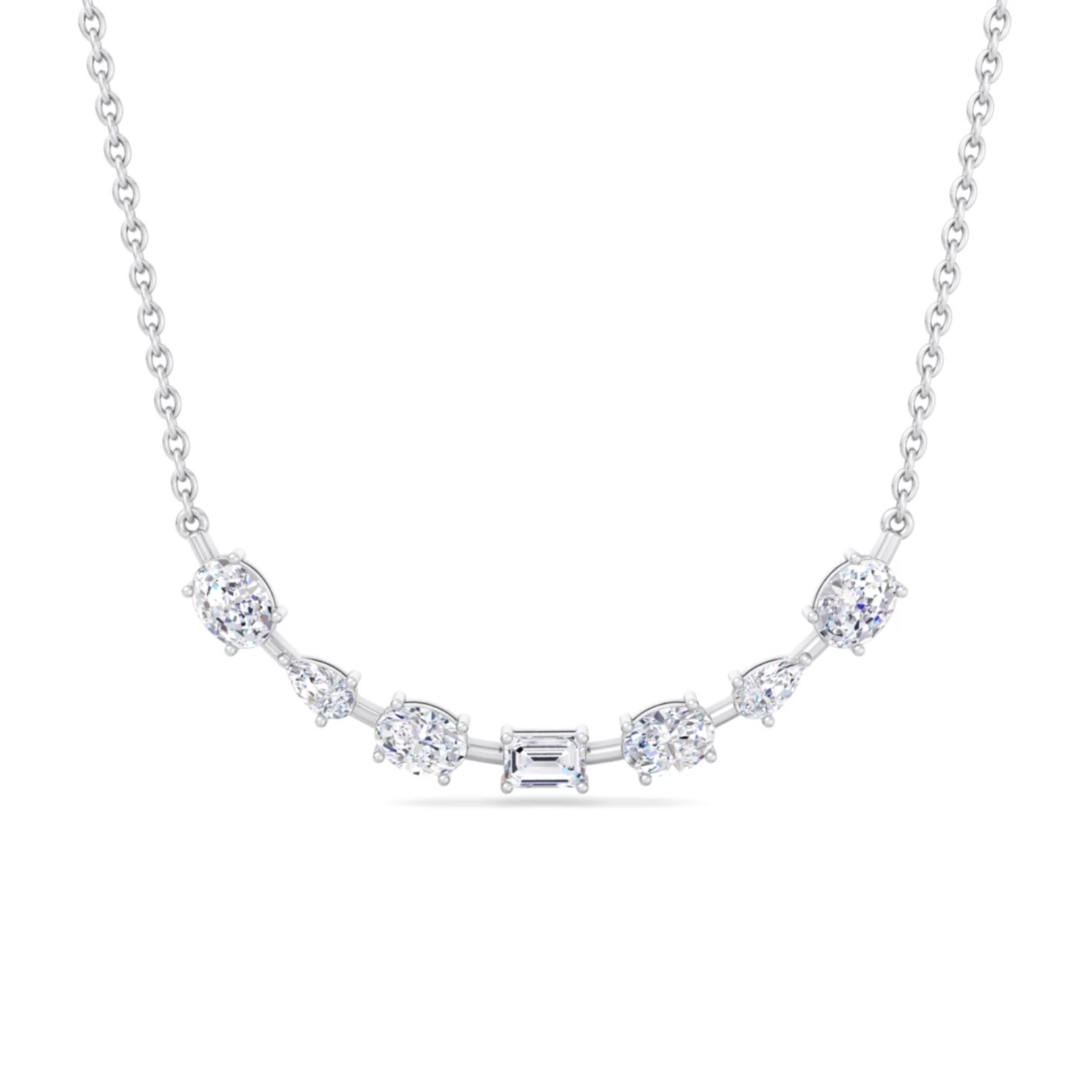 14K gold smile necklace featuring oval, pear, and emerald-cut diamonds in a curved design for a radiant and elegant look.