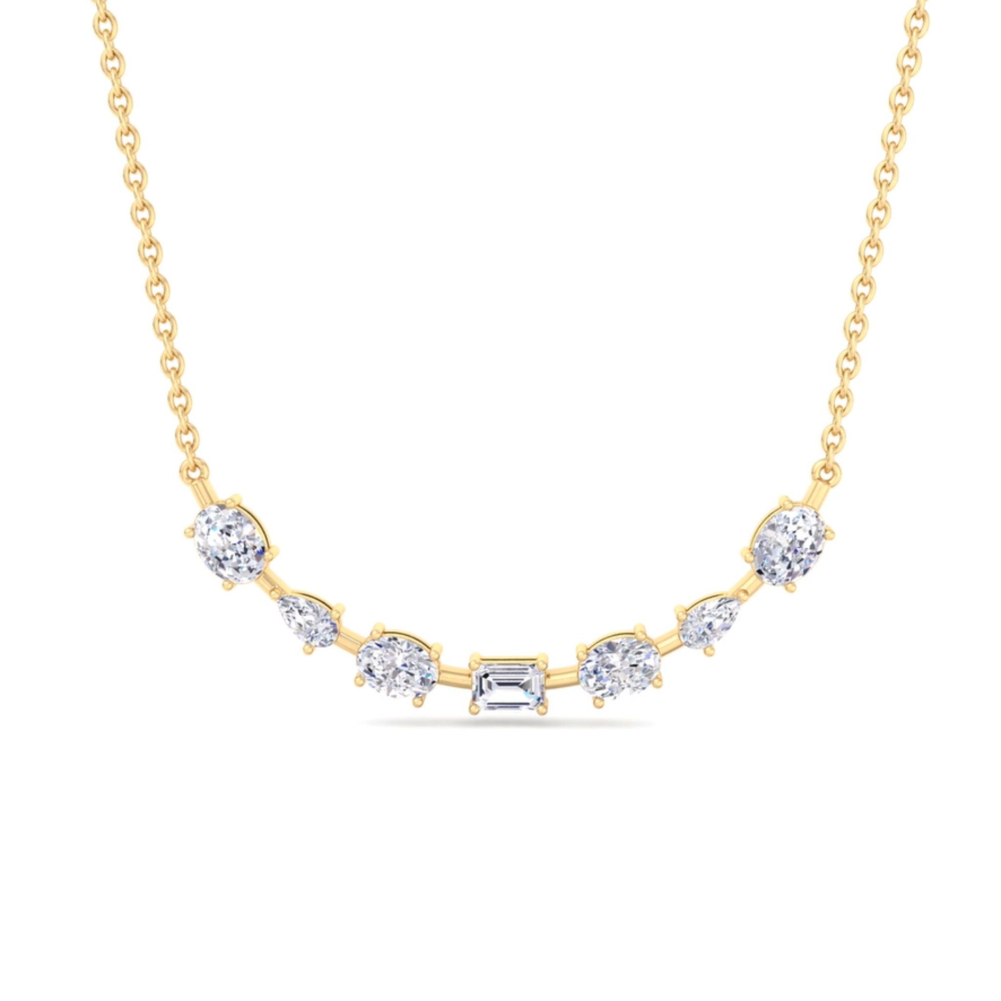 14K gold smile necklace featuring oval, pear, and emerald-cut diamonds in a curved design for a radiant and elegant look.