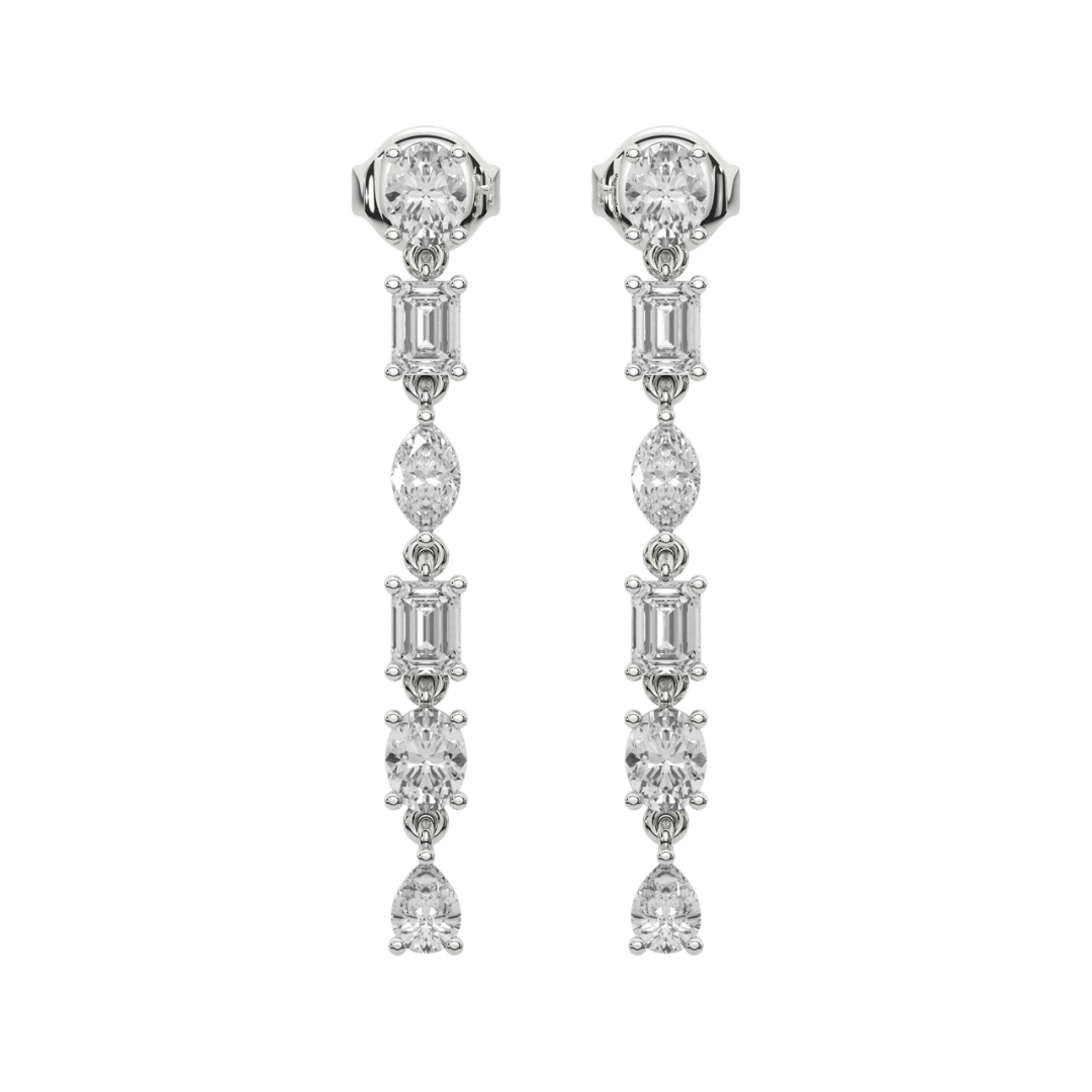 14K gold drop earrings featuring six mixed-shape diamonds, including round, oval, marquise, pear, emerald, and heart cuts, arranged in an elegant cascading design.