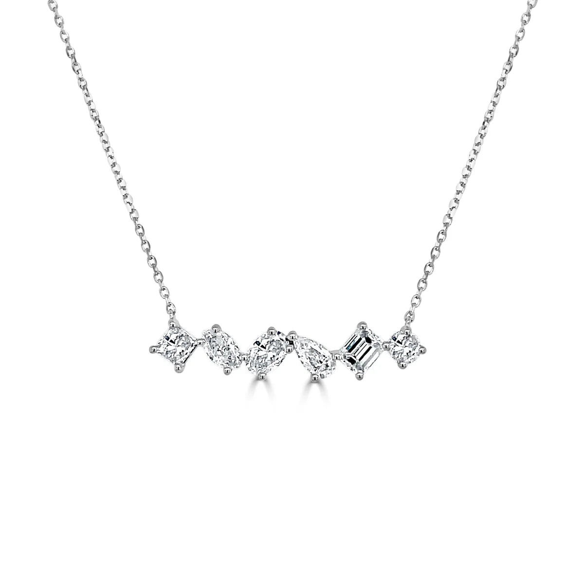 14k gold multi-shape lab-created diamond necklace with princess, marquise, oval, pear, emerald, and round cuts on a 16-inch anchor chain