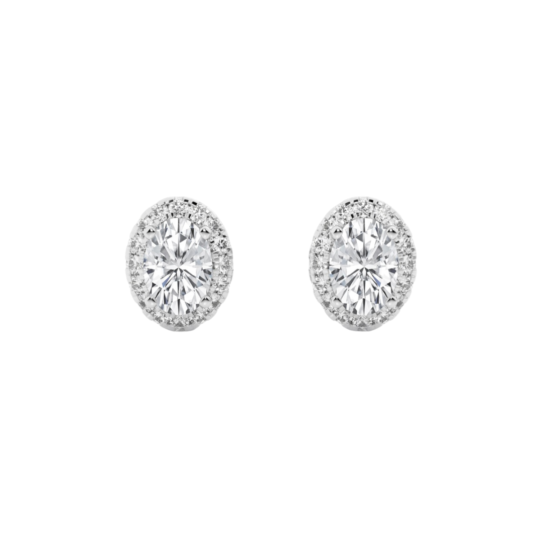 14k gold oval diamond stud earrings with halo of lab-created diamonds