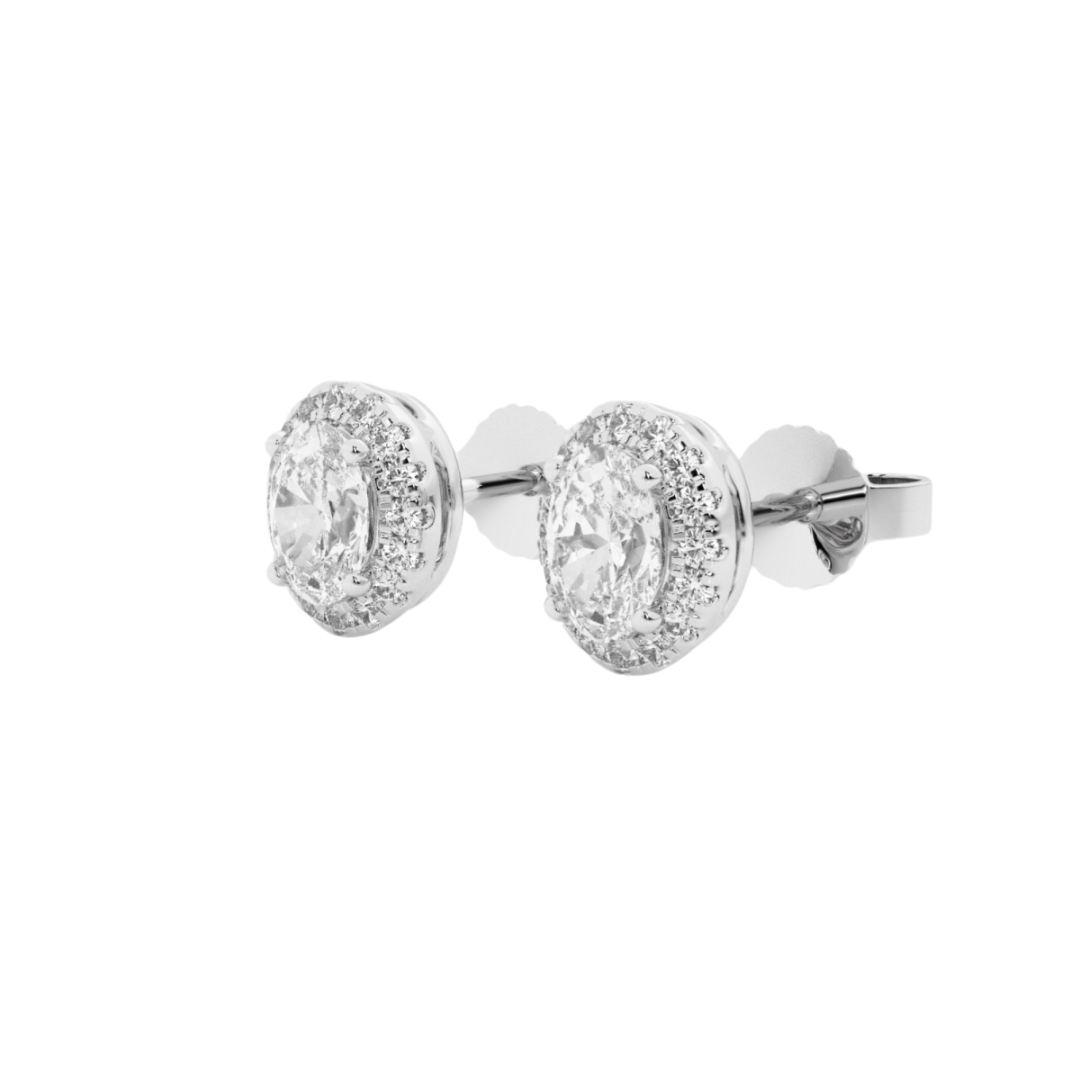 14k gold oval diamond stud earrings with halo of lab-created diamonds