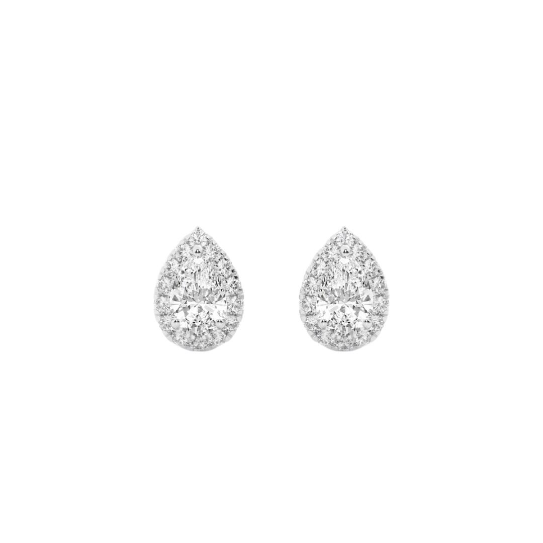 14k gold pear diamond stud earrings with halo of lab-created diamonds