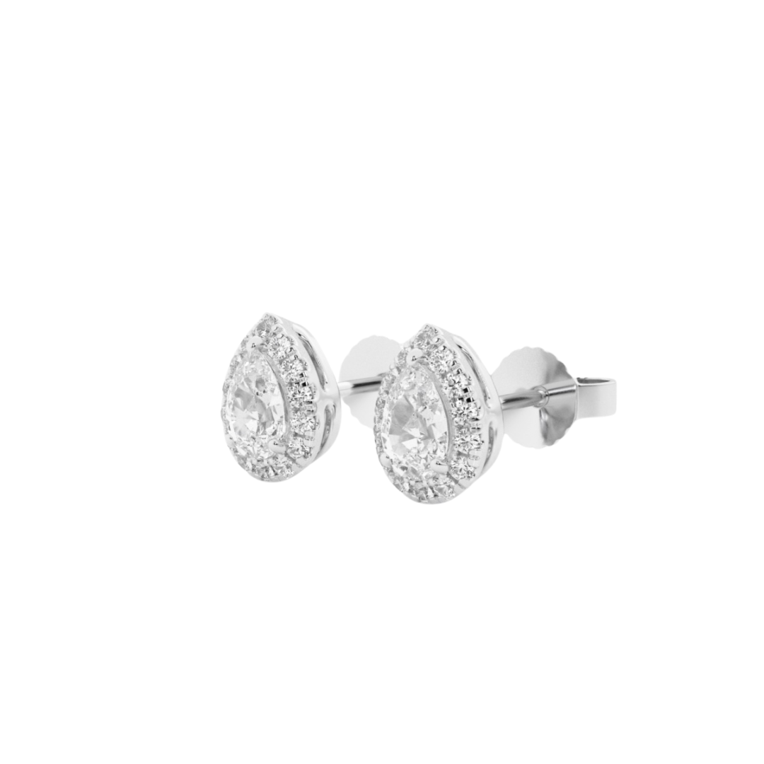 14k gold pear diamond stud earrings with halo of lab-created diamonds
