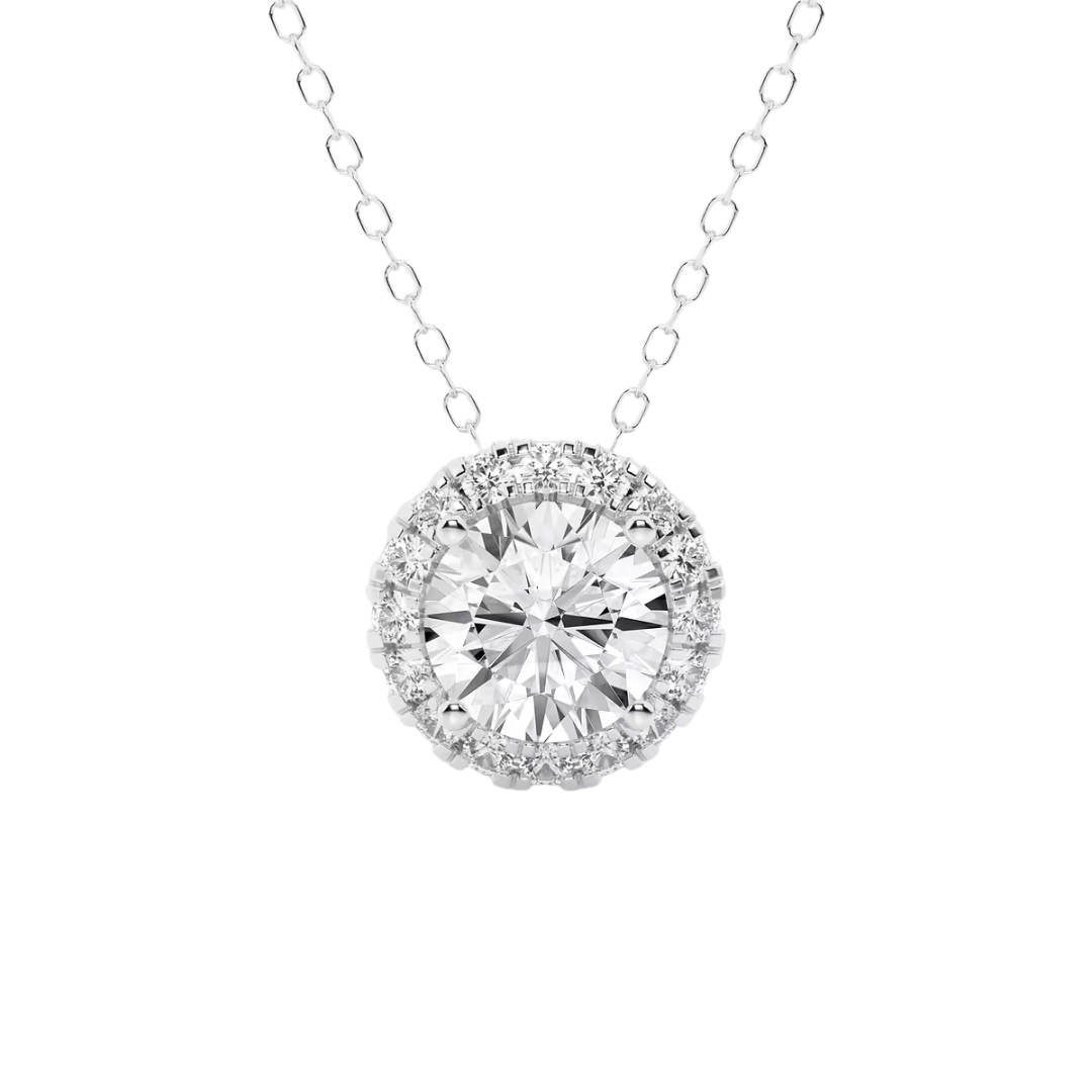 14k gold round diamond halo pendant with lab-created diamonds by Sakaris Jewelers