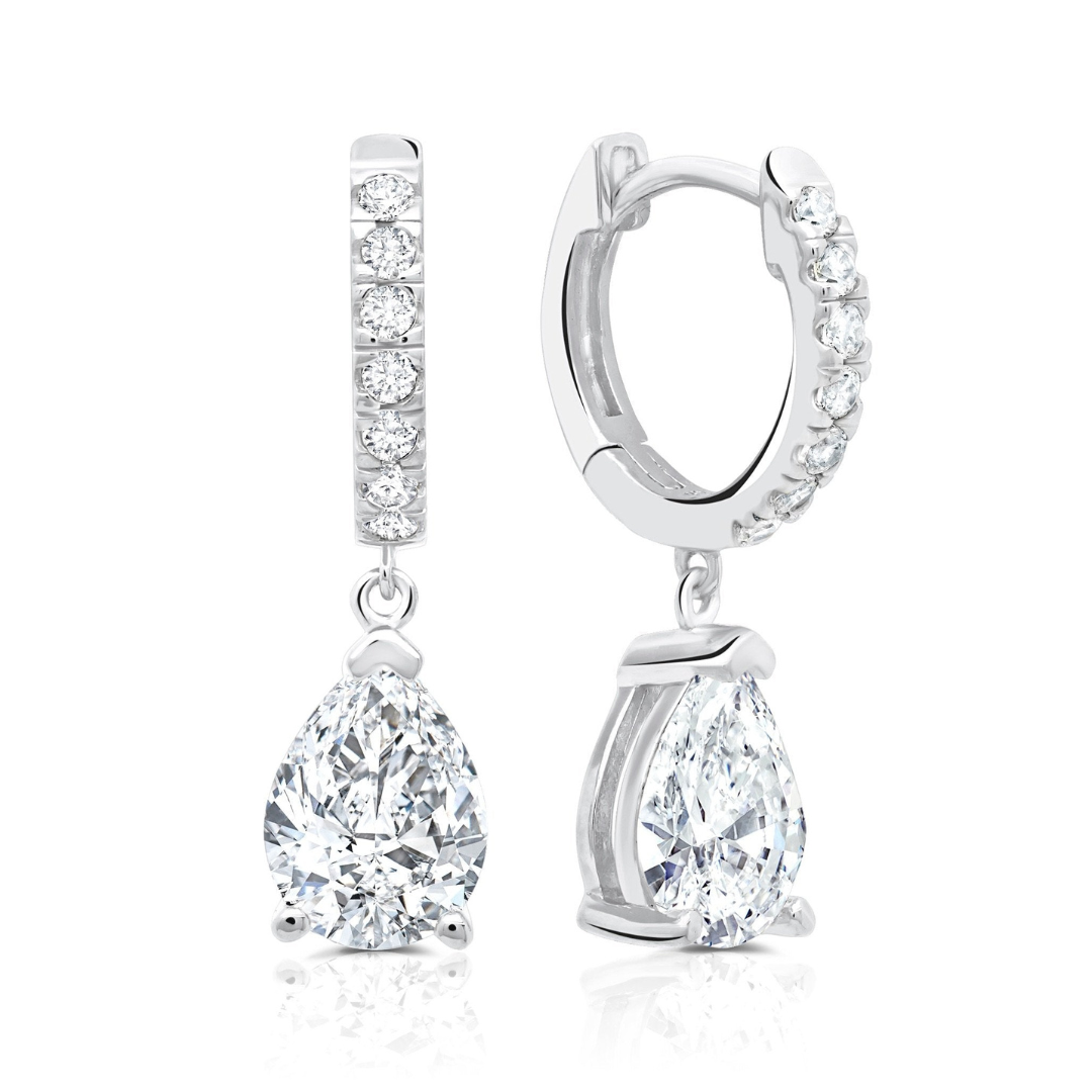 14k gold round diamond huggie earrings with pear lab-created diamond drop