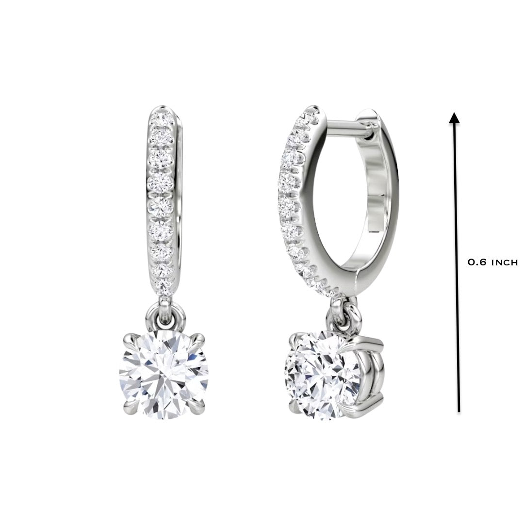 14k gold round diamond huggie earrings with round lab-created diamond drop by Sakaris Jewelers