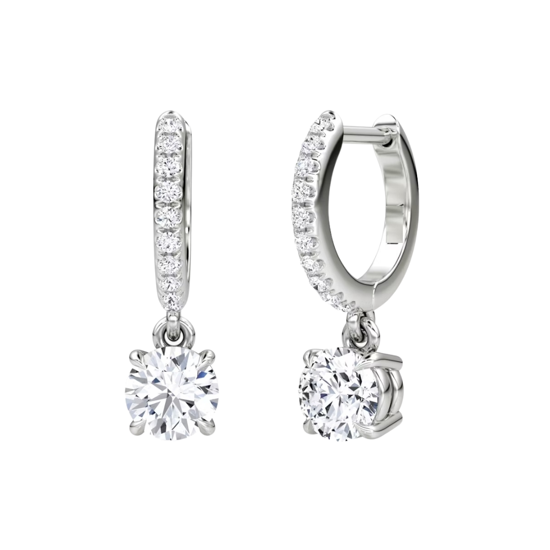 14k gold round diamond huggie earrings with round lab-created diamond drop by Sakaris Jewelers