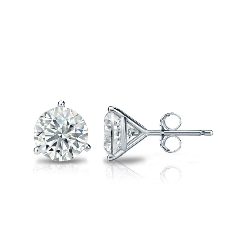 14K gold round diamond martini stud earrings featuring a three-prong setting for maximum brilliance and a classic, elegant look.