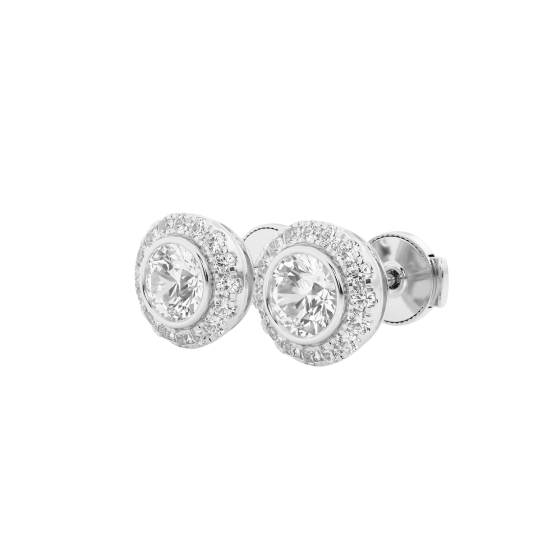 14k gold round diamond stud earrings with halo of lab-created diamonds by Sakaris Jewelers