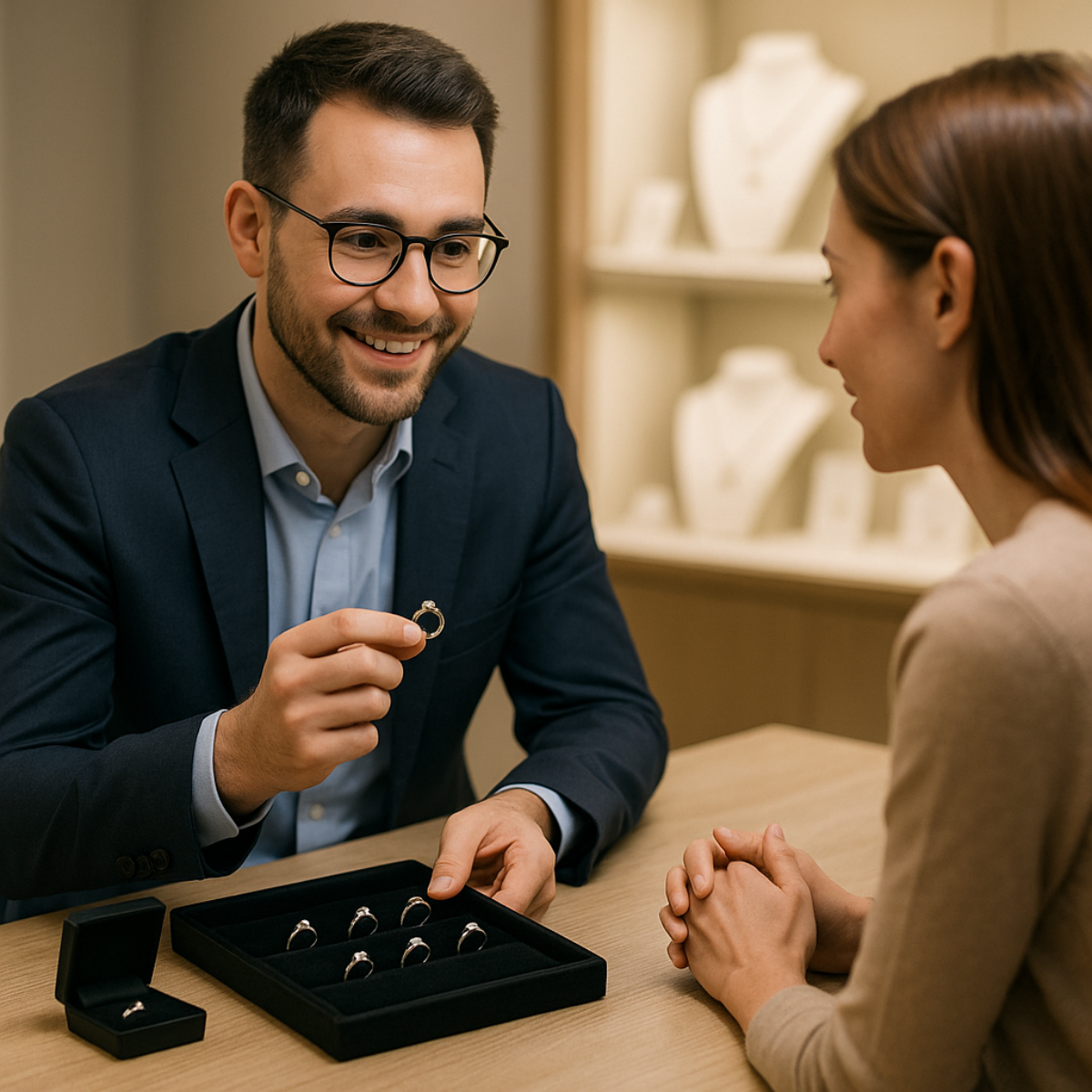 A male jeweler in a navy blazer shows a gold necklace to a female client seated across from him in a jewelry store. The jeweler holds the necklace delicately with both hands while smiling, and the client listens attentively with her hands clasped on the table. A display tray with several gold necklaces lies between them on the wooden counter, with softly lit jewelry showcases in the background.
