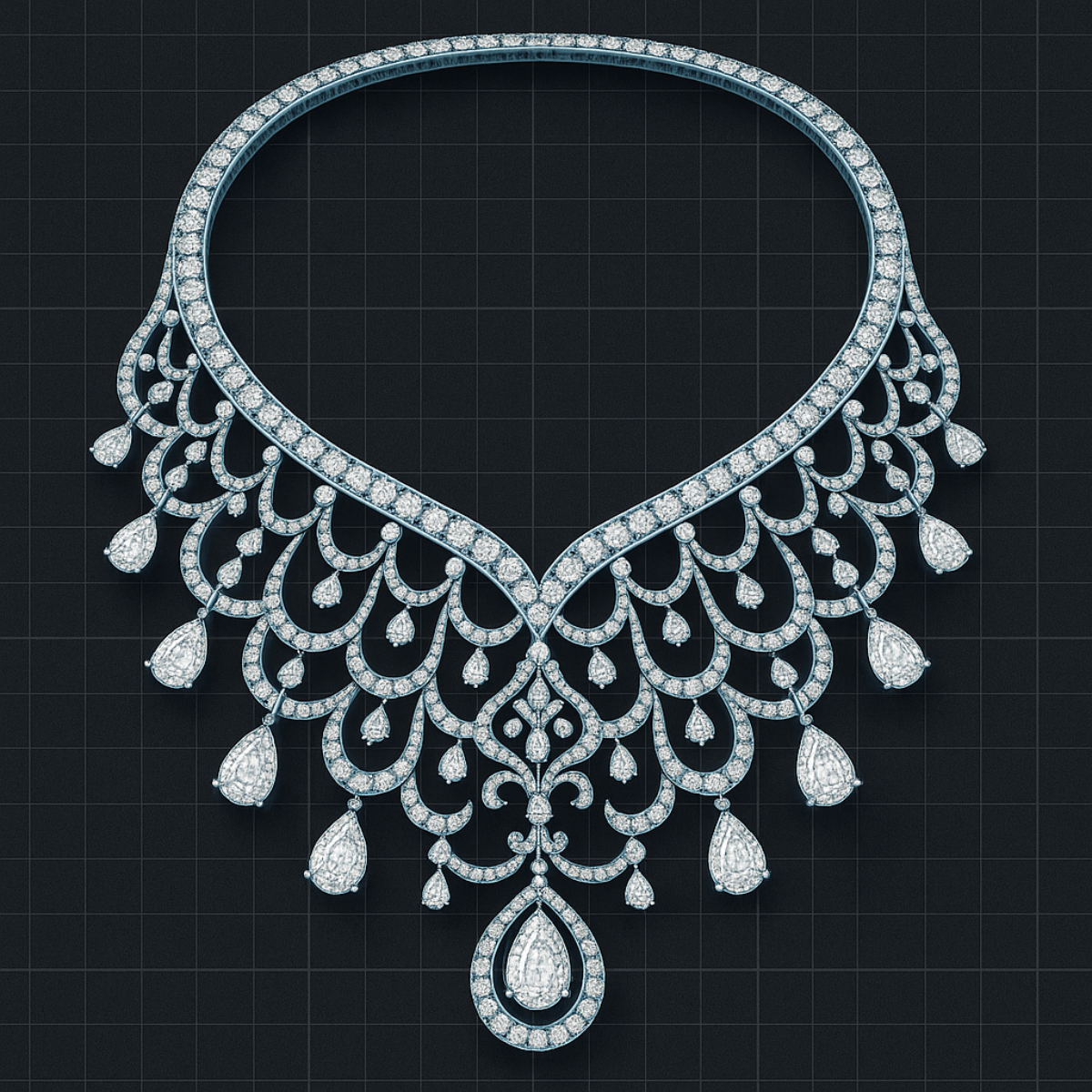 CAD rendering of an elaborate diamond necklace featuring a symmetrical lattice design with teardrop-shaped diamond drops, a central pear-shaped pendant, and a collar-style band set with round diamonds, displayed on a dark grid background.