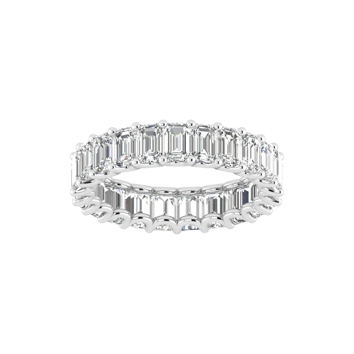 Emerald cut diamond eternity band featuring a continuous circle of radiant emerald-cut diamonds