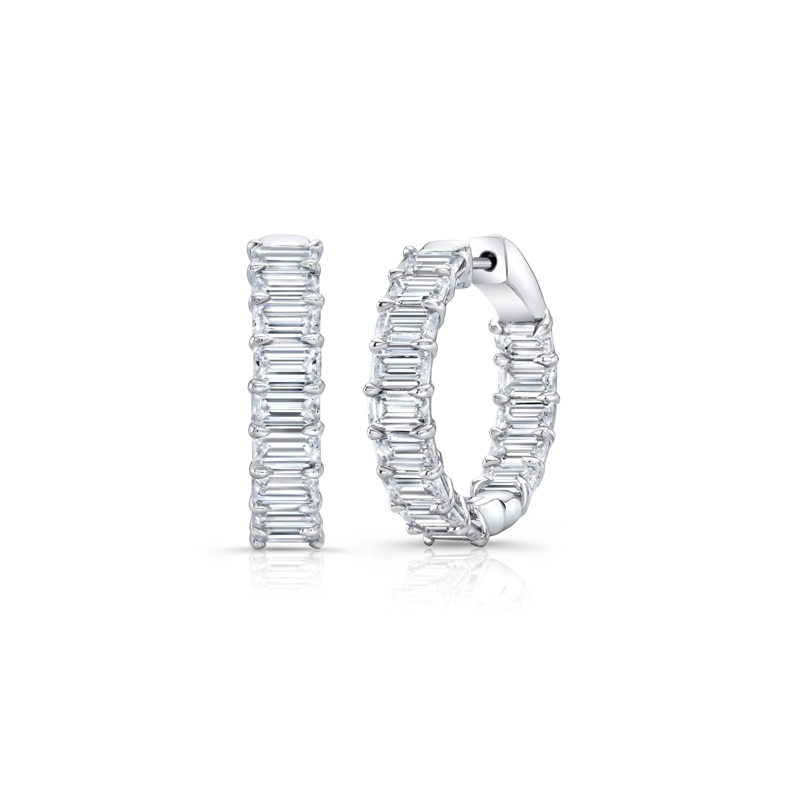 Emerald cut diamond in and out hoop earrings featuring radiant diamonds set inside and outside the hoops
