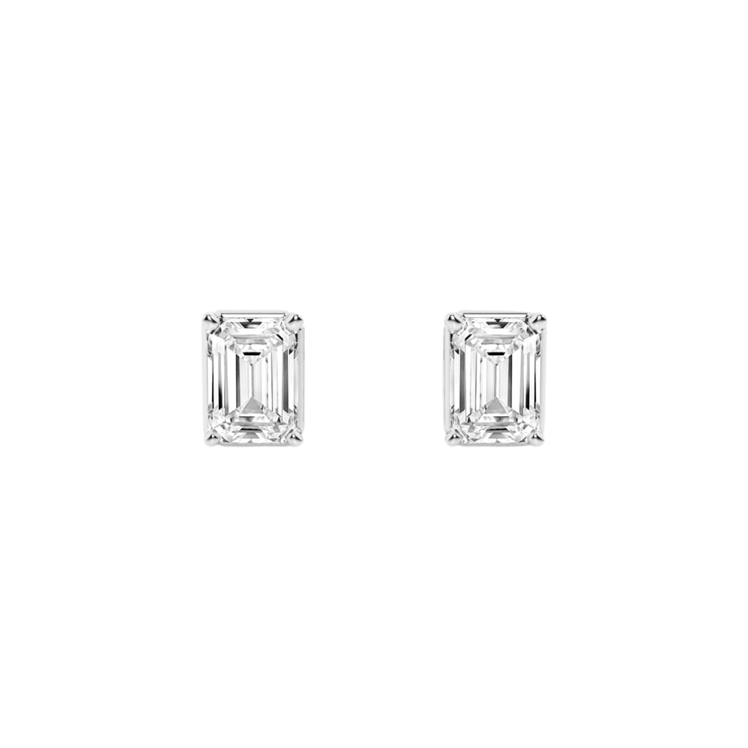 Emerald cut diamond stud earrings featuring two radiant emerald-cut diamonds