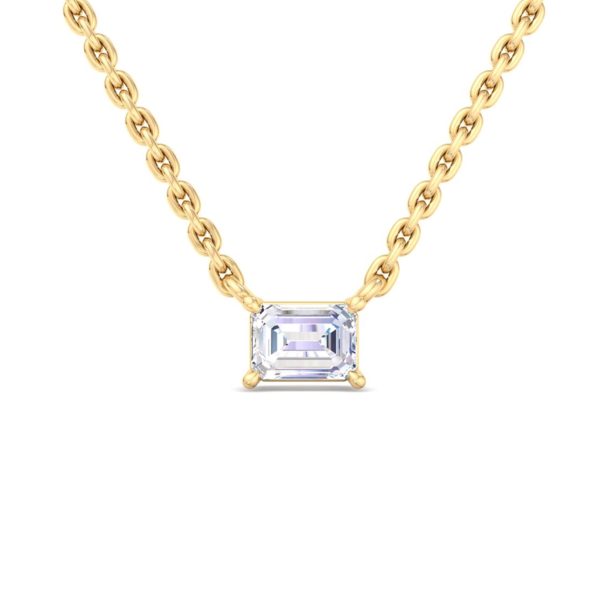 14k gold east to west emerald cut diamond pendant with lab-created diamond by Sakaris Jewelers