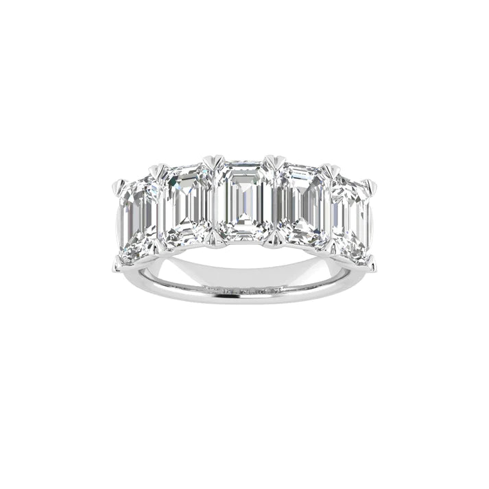 Five stone emerald cut diamond ring featuring 5 carats total weight, with elegant diamonds set in a sleek and timeless band.