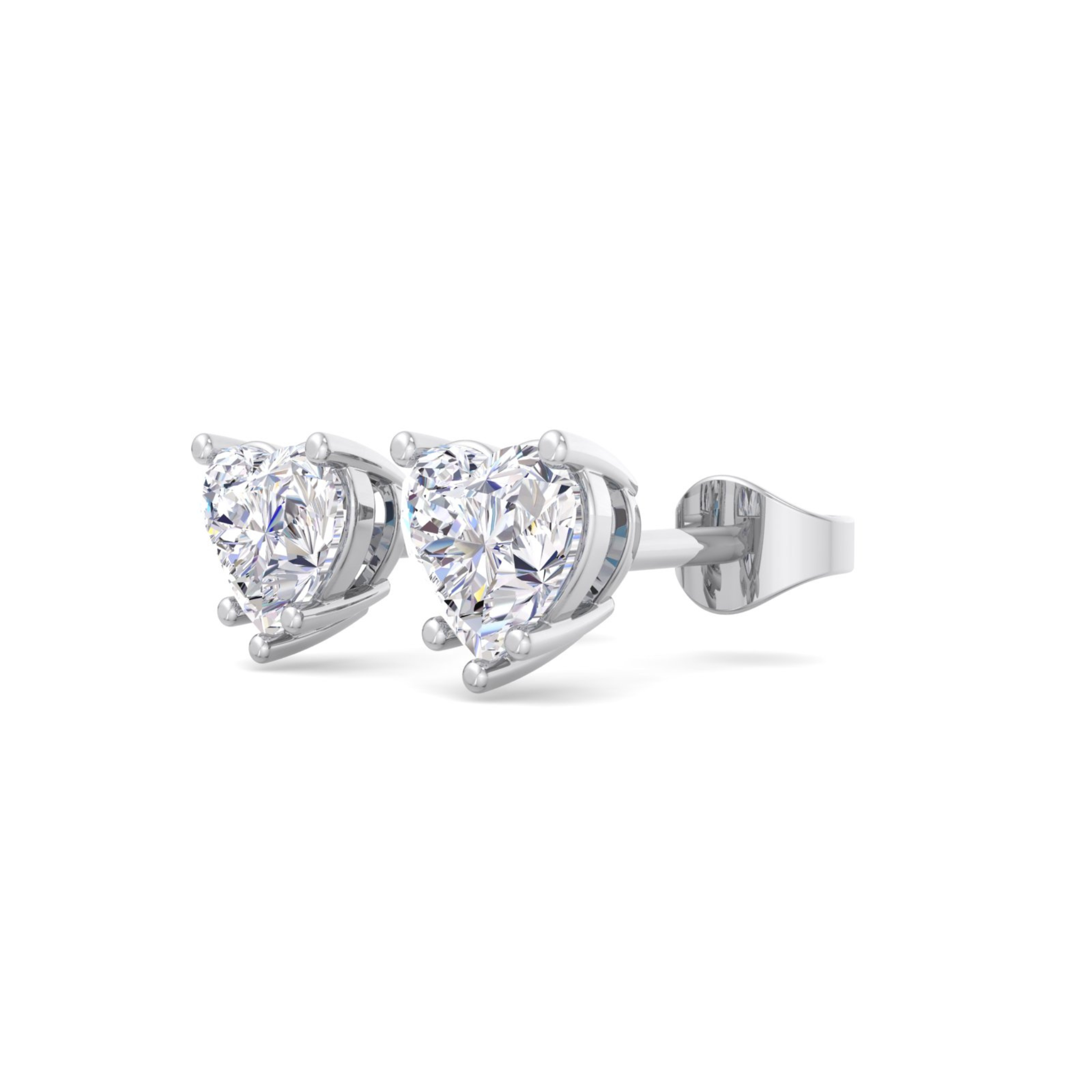 A pair of heart-shaped diamond stud earrings featuring brilliant heart-shaped diamonds with secure backing, perfect for a romantic and elegant look.