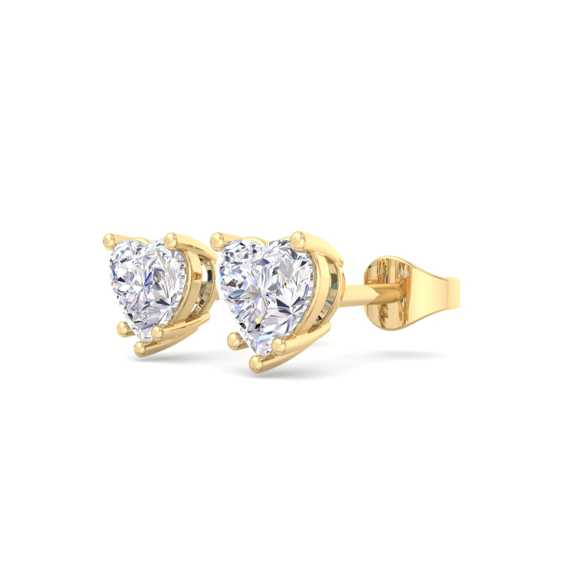 A pair of heart-shaped diamond stud earrings featuring brilliant heart-shaped diamonds with secure backing, perfect for a romantic and elegant look.