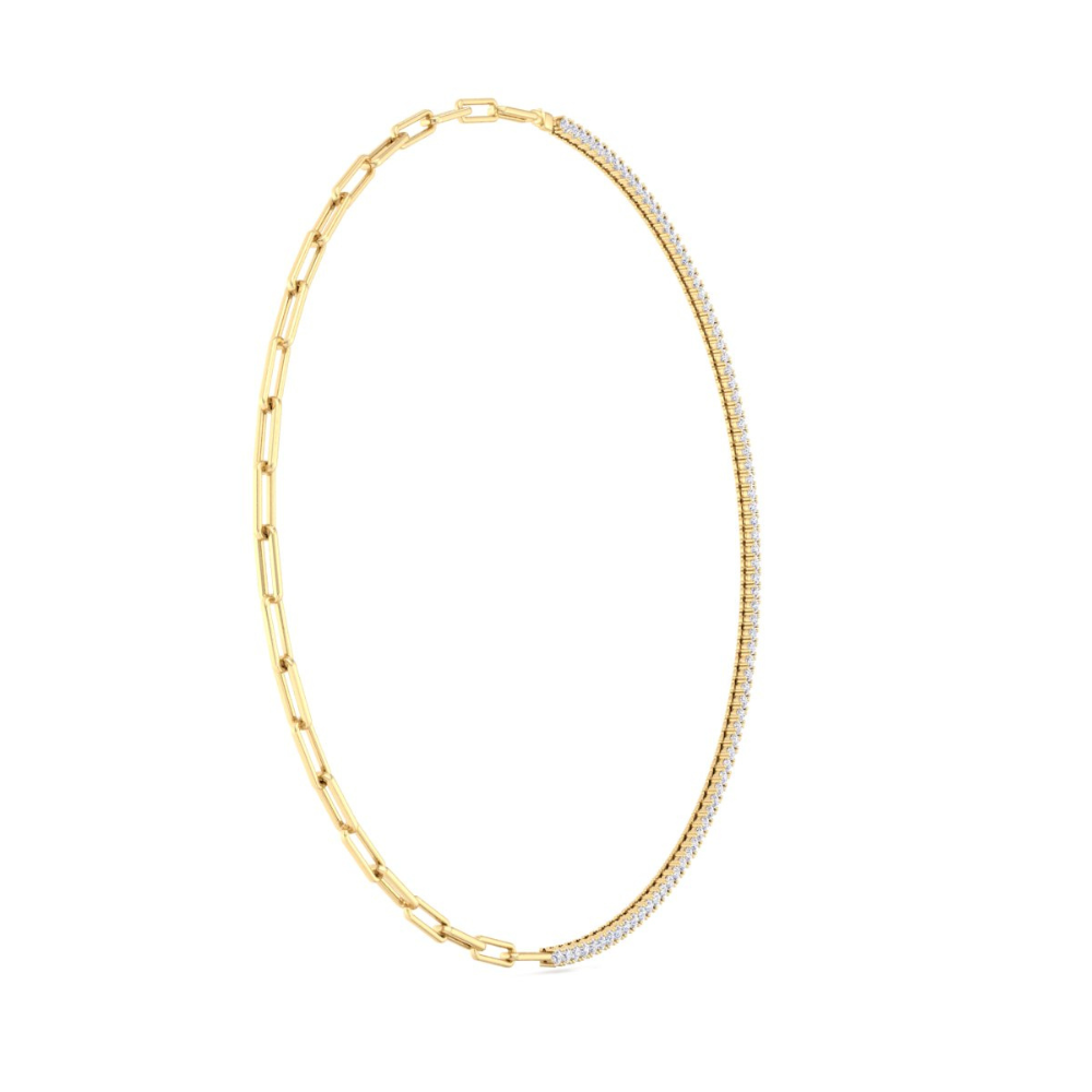 A unique half paperclip chain and half diamond tennis necklace made of gold, featuring sparkling round-cut diamonds in a sleek, modern design.