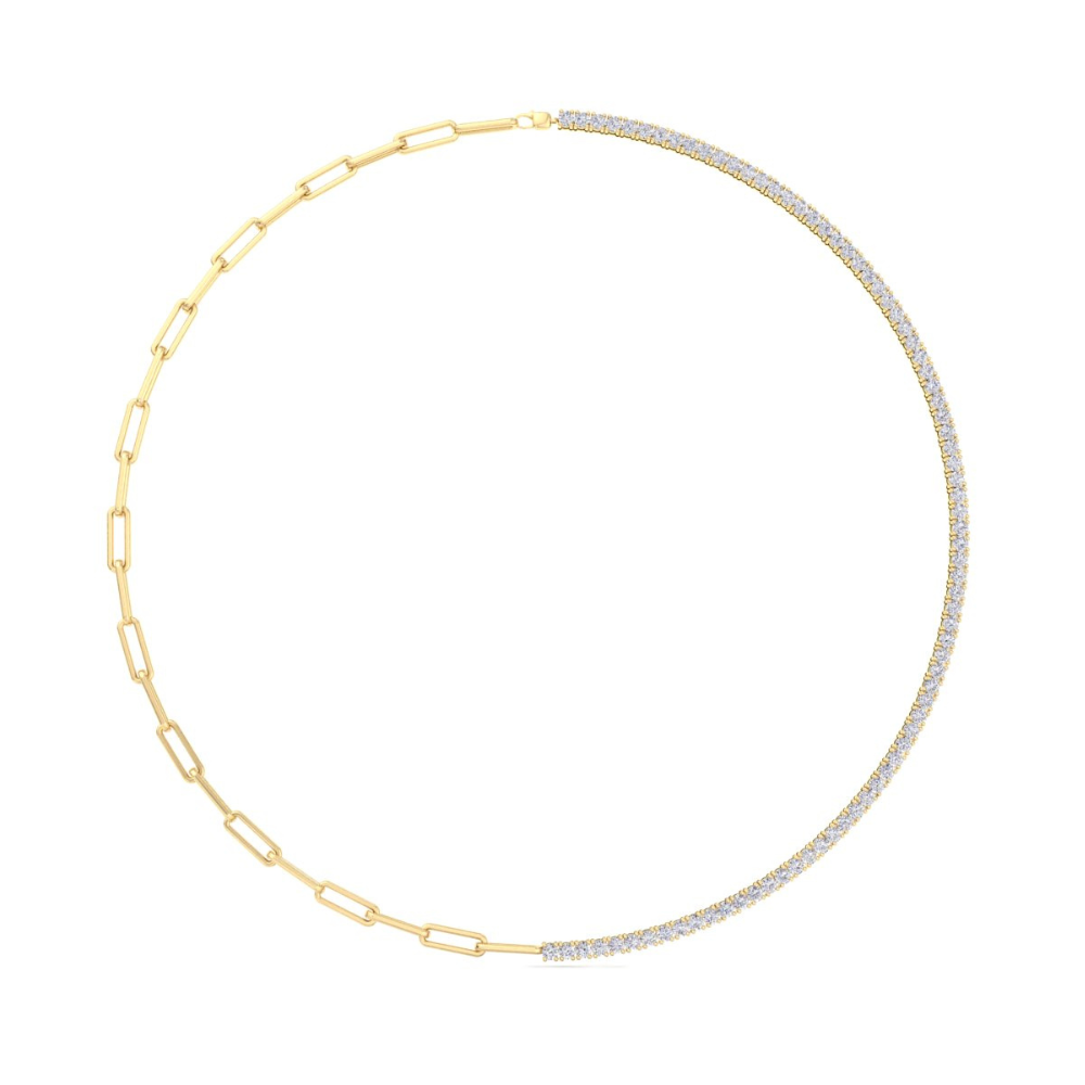 A unique half paperclip chain and half diamond tennis necklace made of gold, featuring sparkling round-cut diamonds in a sleek, modern design.