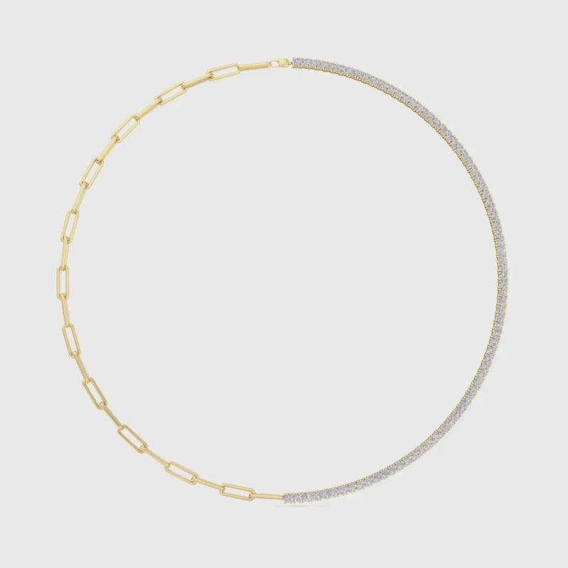 A unique half paperclip chain and half diamond tennis necklace made of gold, featuring sparkling round-cut diamonds in a sleek, modern design.
