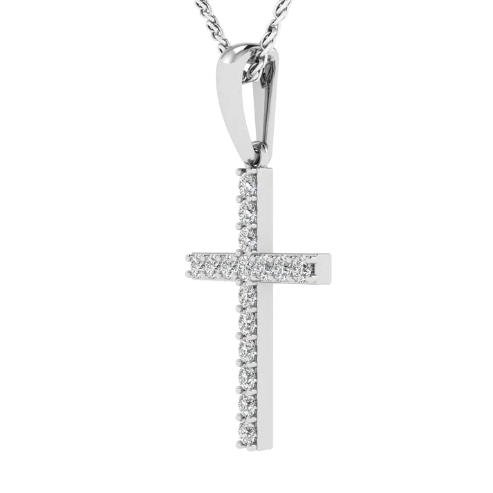 Round diamond cross pendant featuring 16 brilliant diamonds set in 14k gold, available in white, yellow, or rose gold.