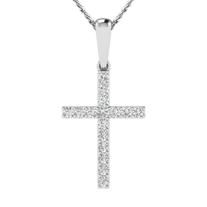 Round diamond cross pendant featuring 16 brilliant diamonds set in 14k gold, available in white, yellow, or rose gold.