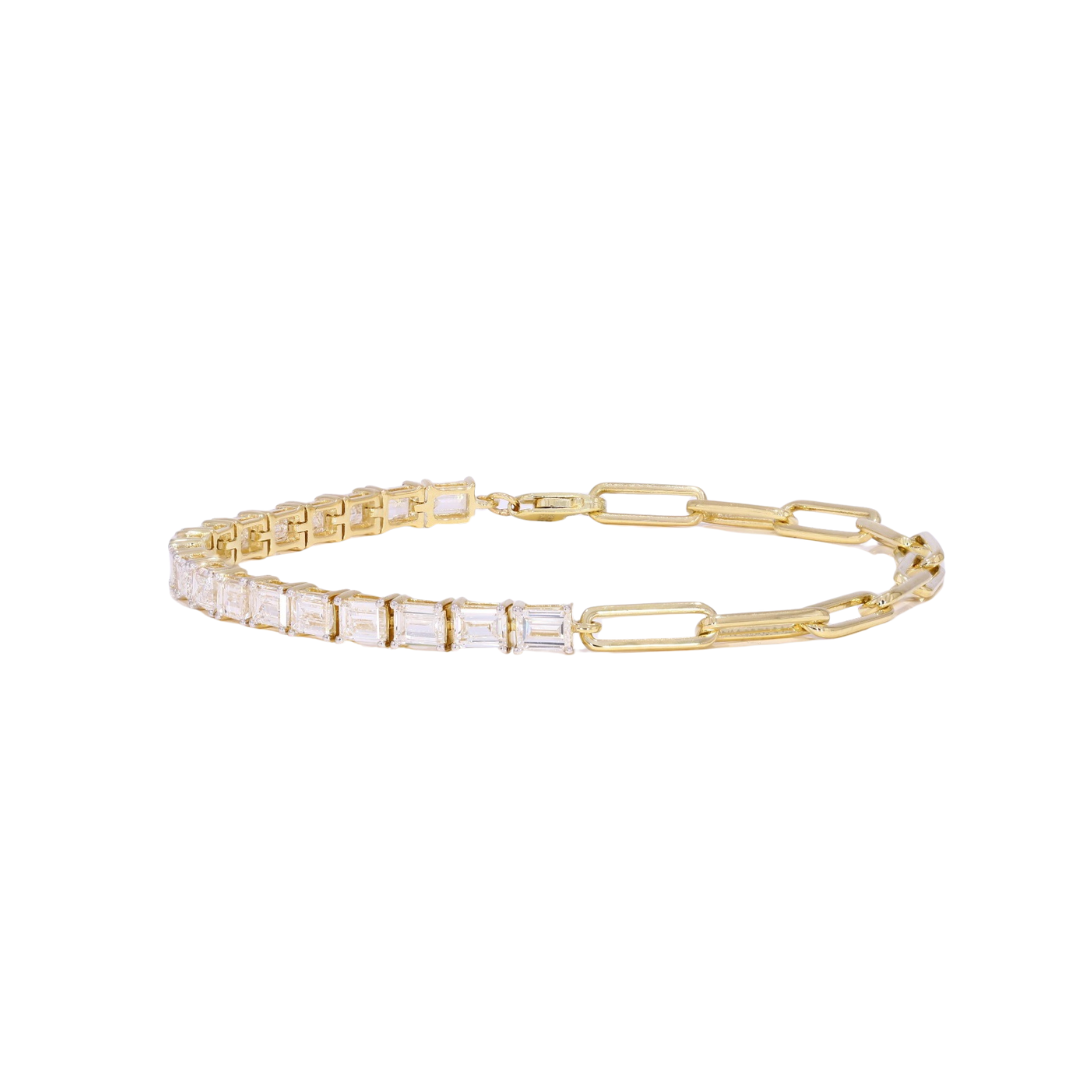 14k gold tennis bracelet with emerald cut lab-created diamonds and paperclip gold links