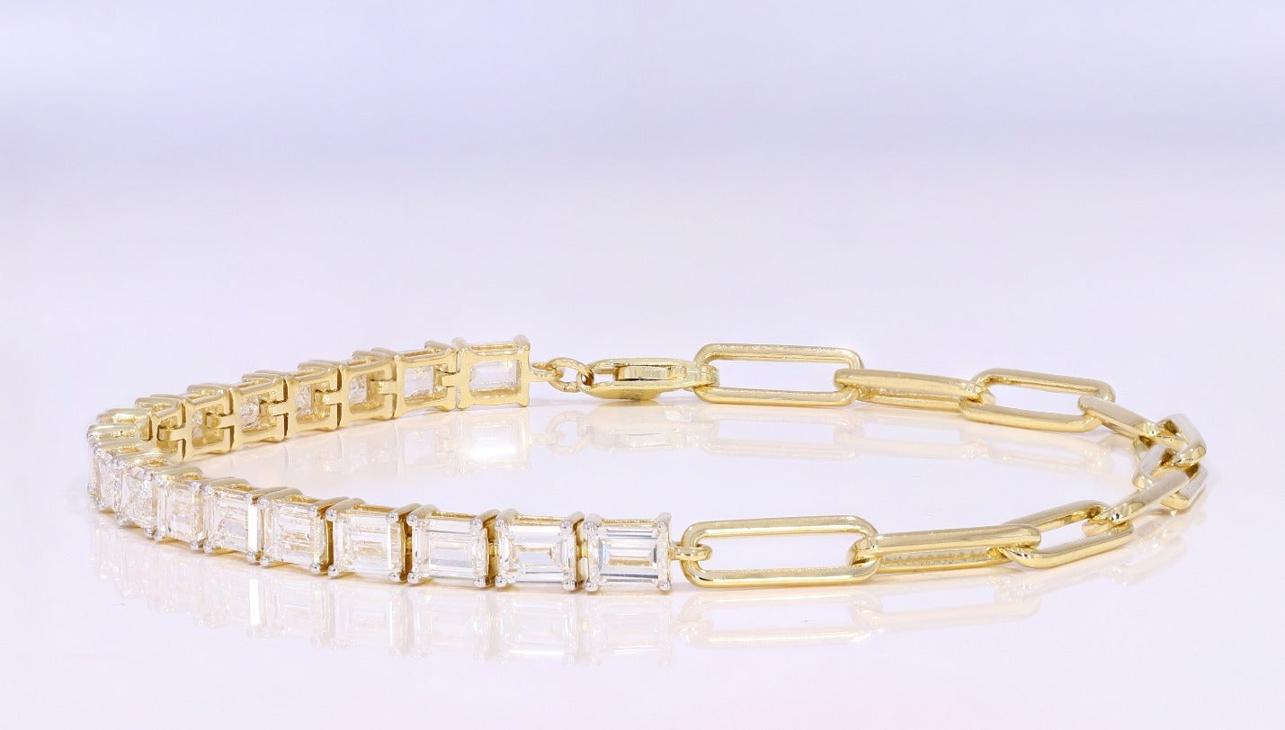 14k gold tennis bracelet with emerald cut lab-created diamonds and paperclip gold links