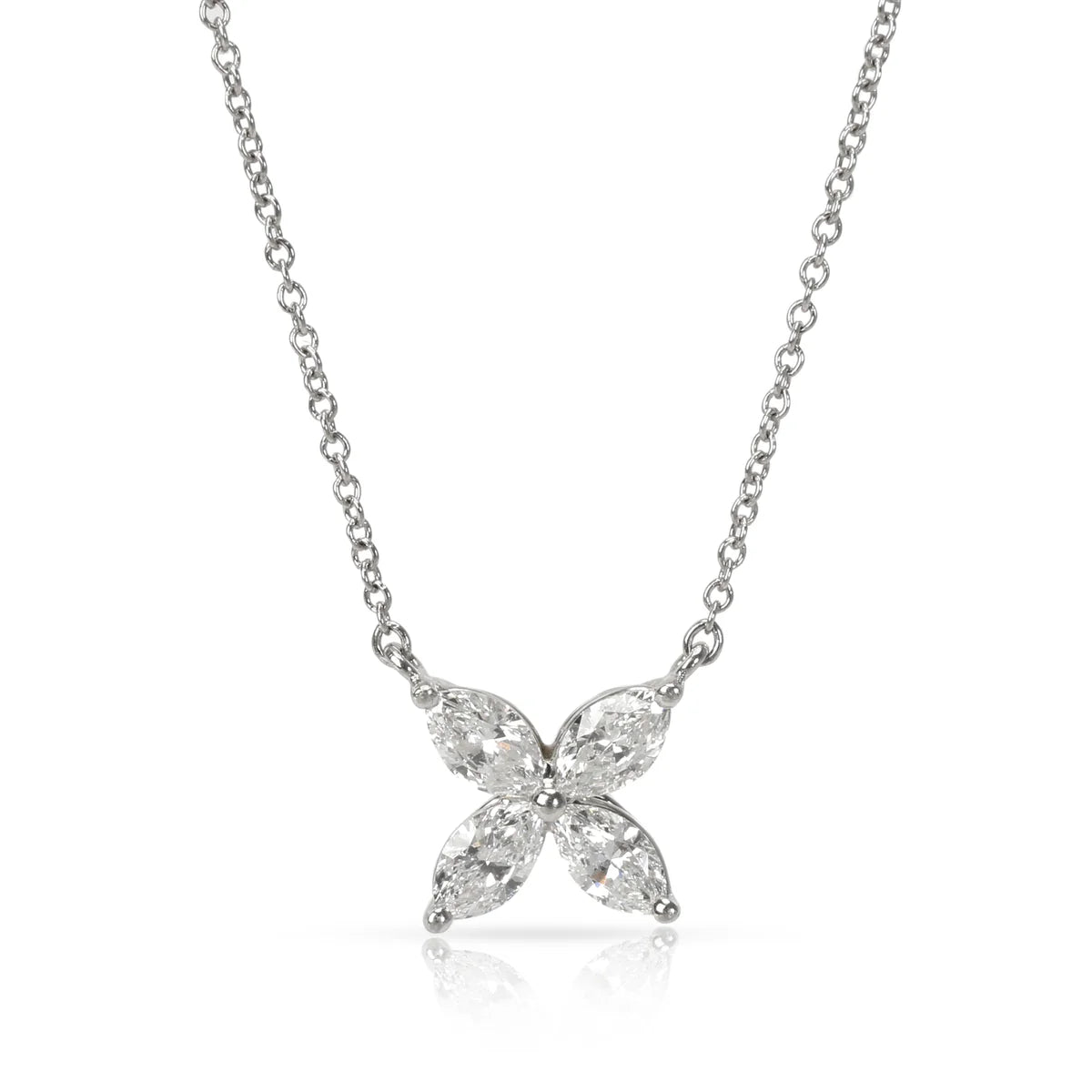 14K gold pendant necklace featuring four marquise-cut diamonds arranged in a flower shape, suspended from a delicate gold chain.