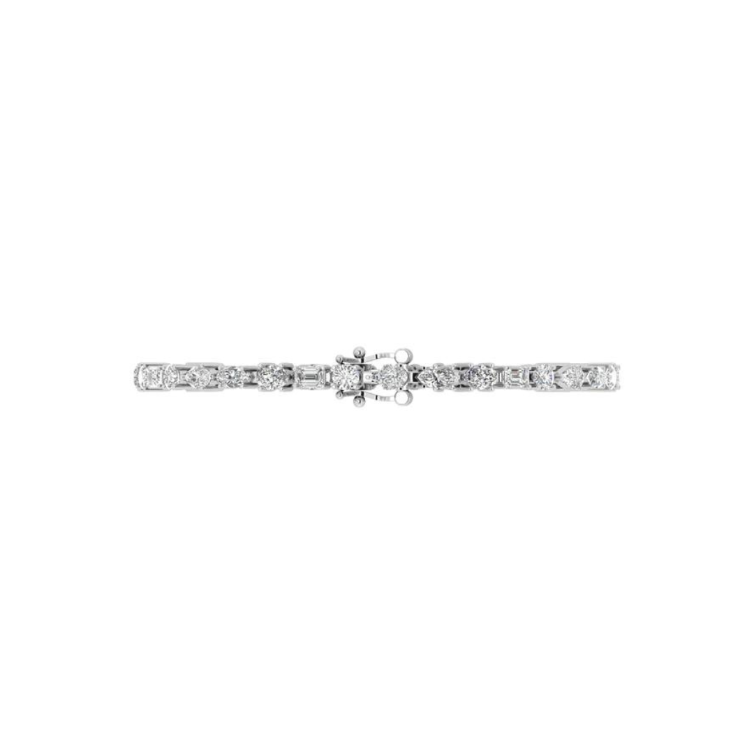 14K gold tennis bracelet featuring a seamless mix of pear, marquise, oval, emerald, and round-cut diamonds for a unique and elegant design.