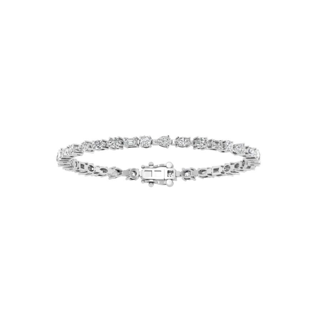 14K gold tennis bracelet featuring a seamless mix of pear, marquise, oval, emerald, and round-cut diamonds for a unique and elegant design.