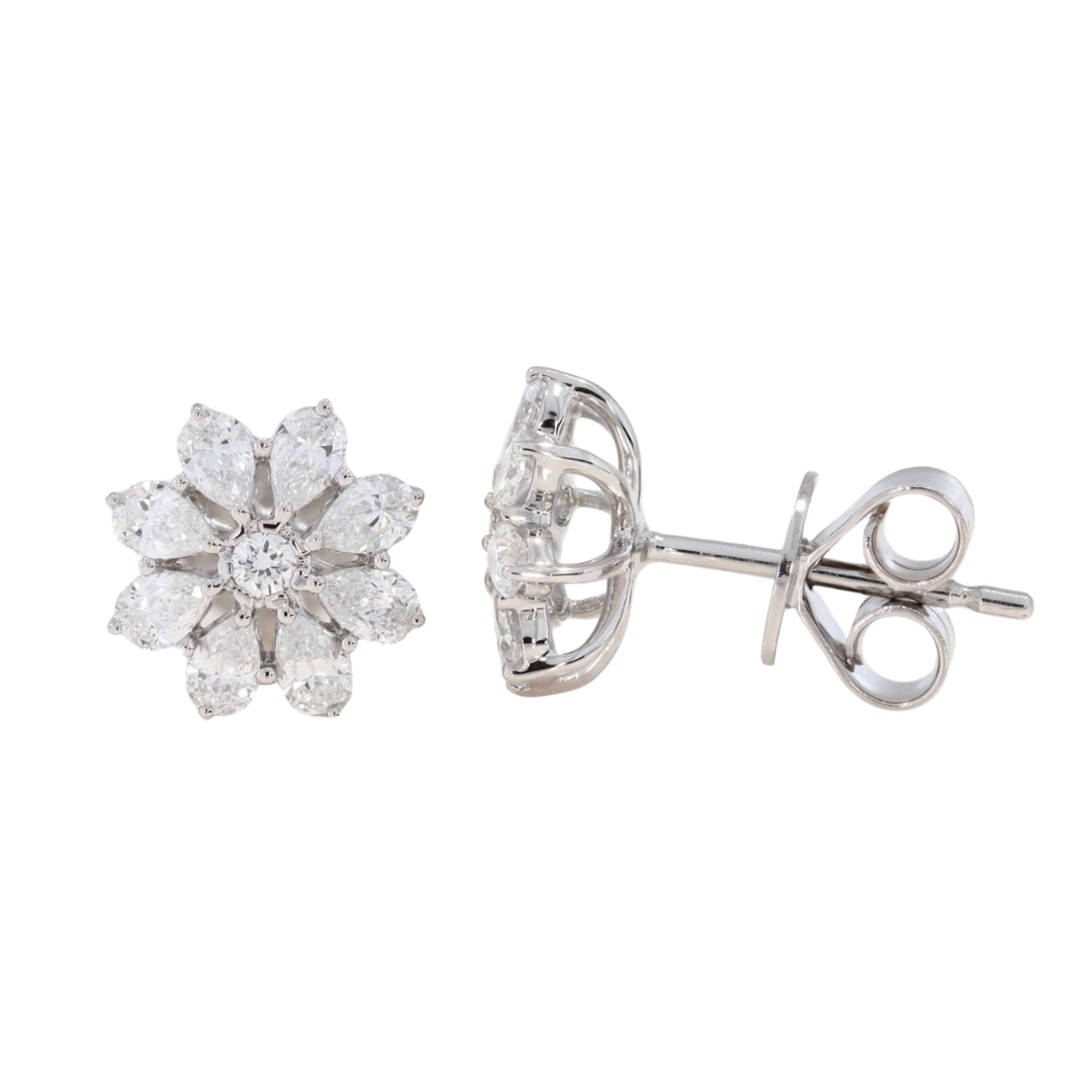 14k gold pear diamond flower earrings with round lab-created diamond center and pear petals