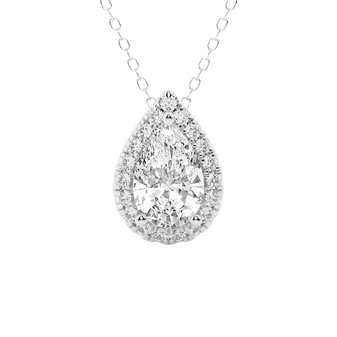 14k gold pear diamond halo pendant with lab-created diamonds