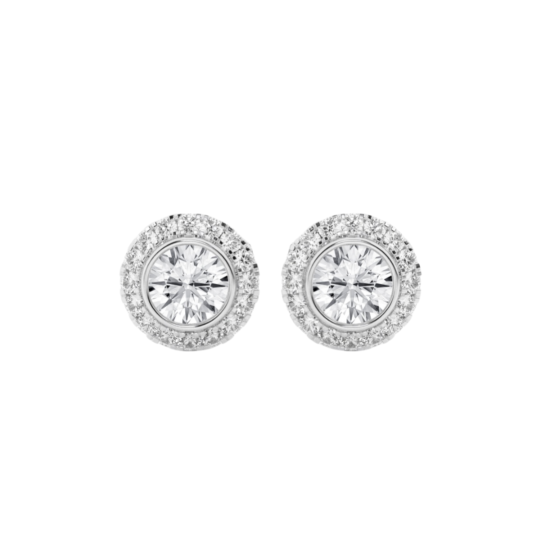 14k gold round diamond stud earrings with halo of lab-created diamonds by Sakaris Jewelers
