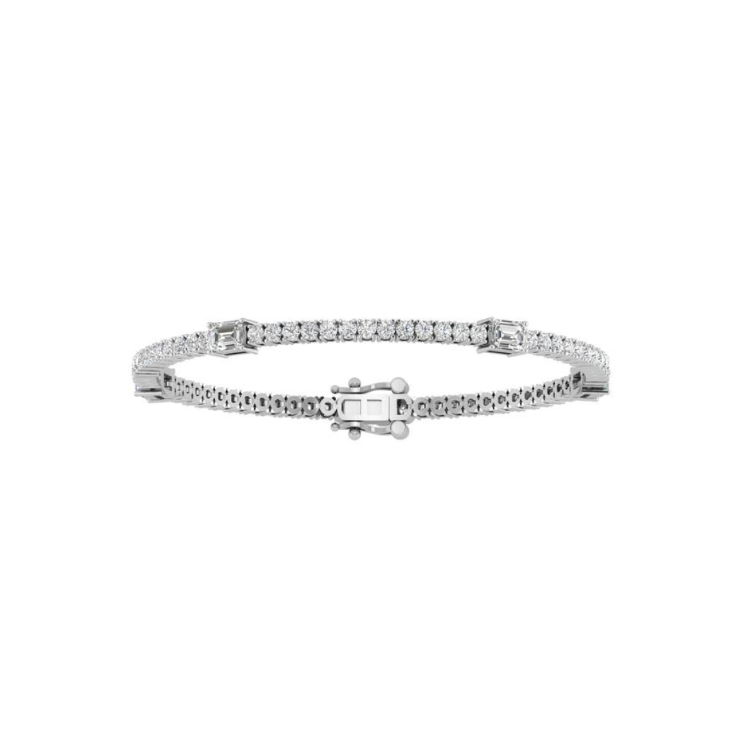 14k gold tennis bracelet with round and emerald cut lab-created diamonds by Sakaris Jewelers