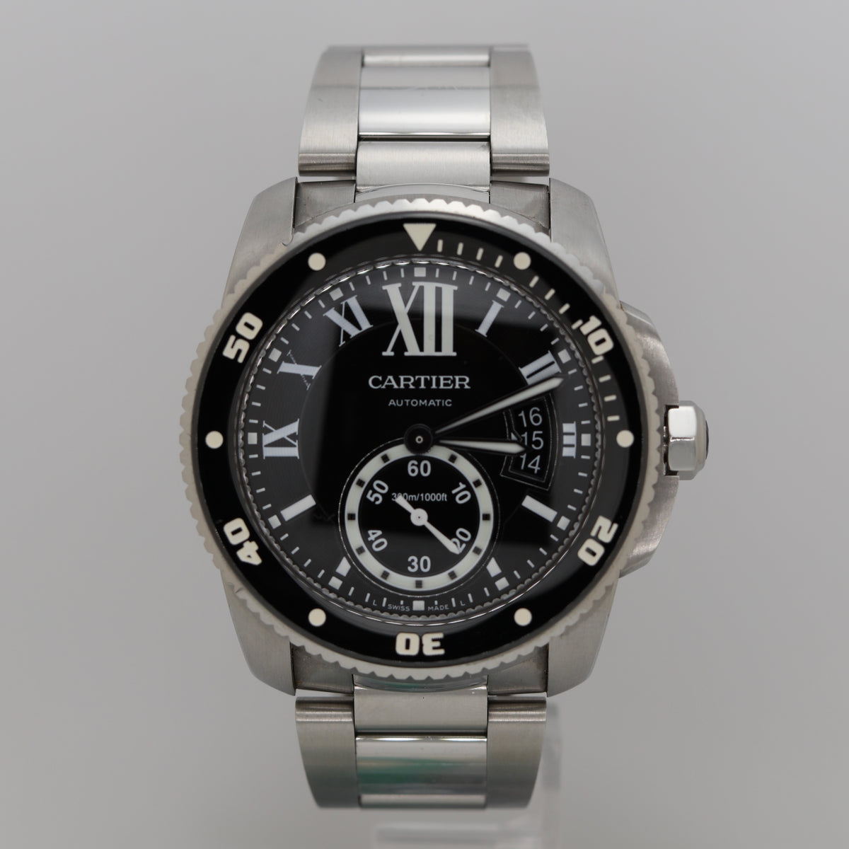 Cartier Calibre de Cartier Diver 3729 stainless steel watch front view with black dial and ceramic bezel