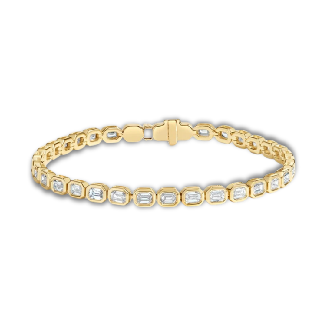 Emerald cut diamond bezel set tennis bracelet featuring radiant emerald-cut diamonds in a sleek bezel setting, crafted in 14k
