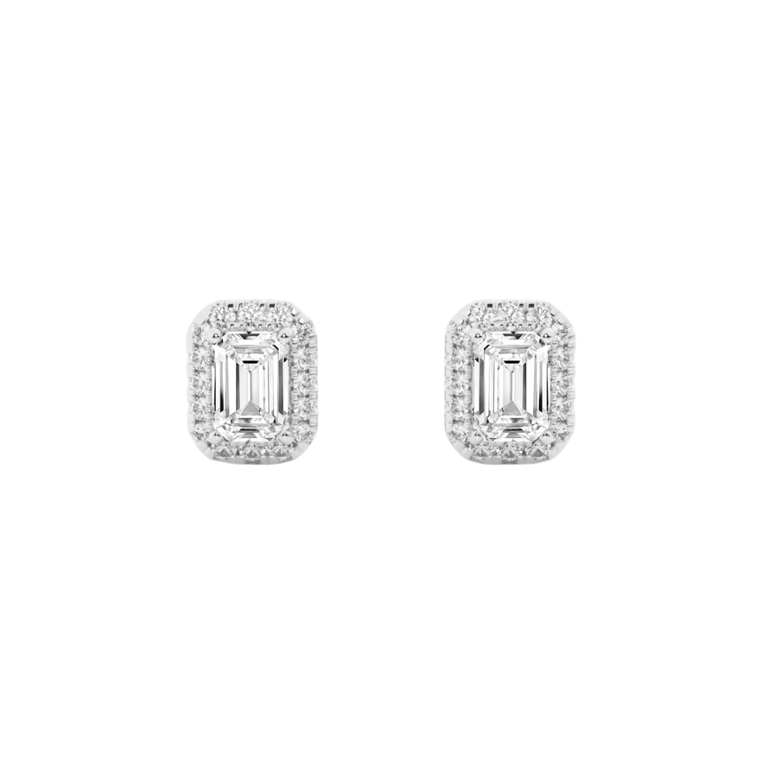 Emerald cut diamond stud earrings with a sparkling halo of smaller diamonds, set in 14k