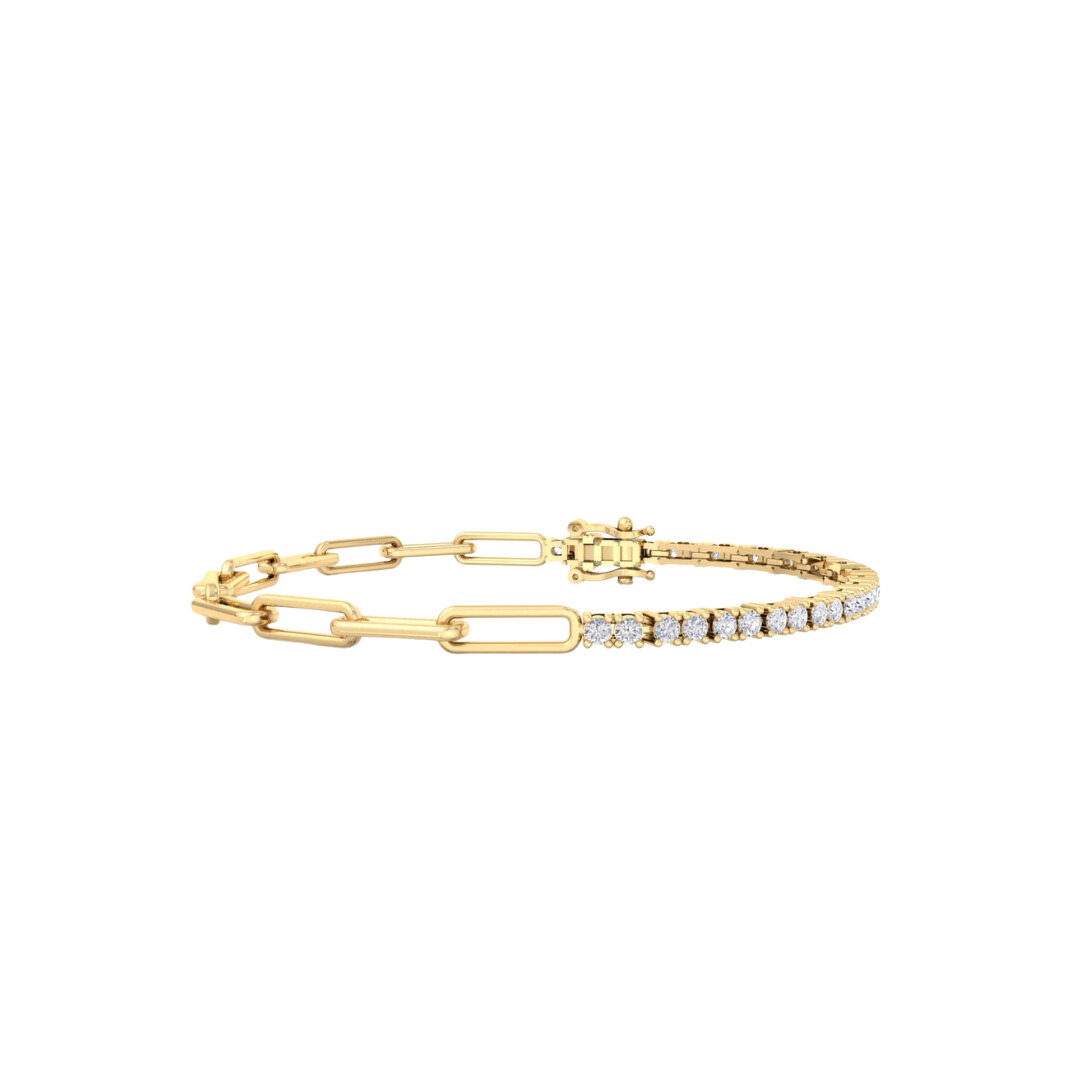 A gold bracelet featuring half a sleek paperclip chain and half a diamond tennis bracelet with sparkling round-cut diamonds, designed for elegance and style.
