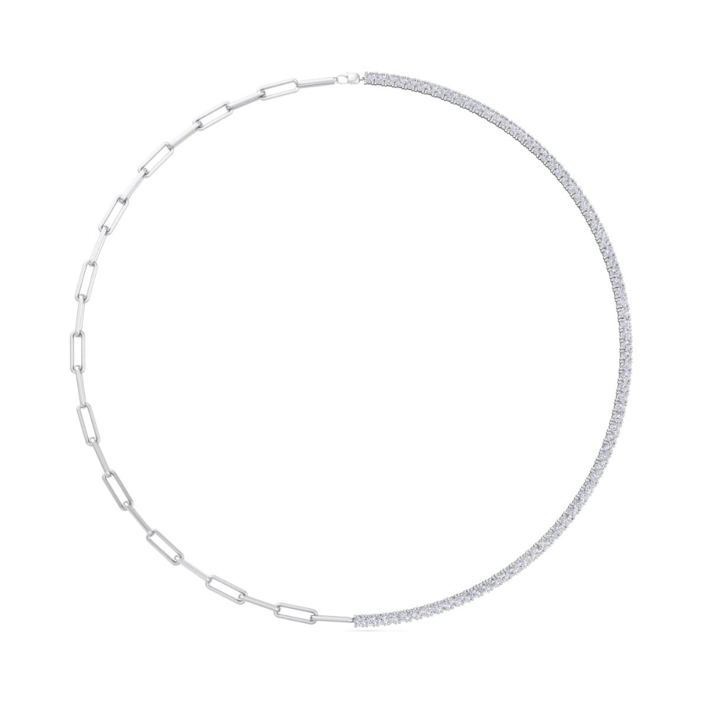 A unique half paperclip chain and half diamond tennis necklace made of gold, featuring sparkling round-cut diamonds in a sleek, modern design.