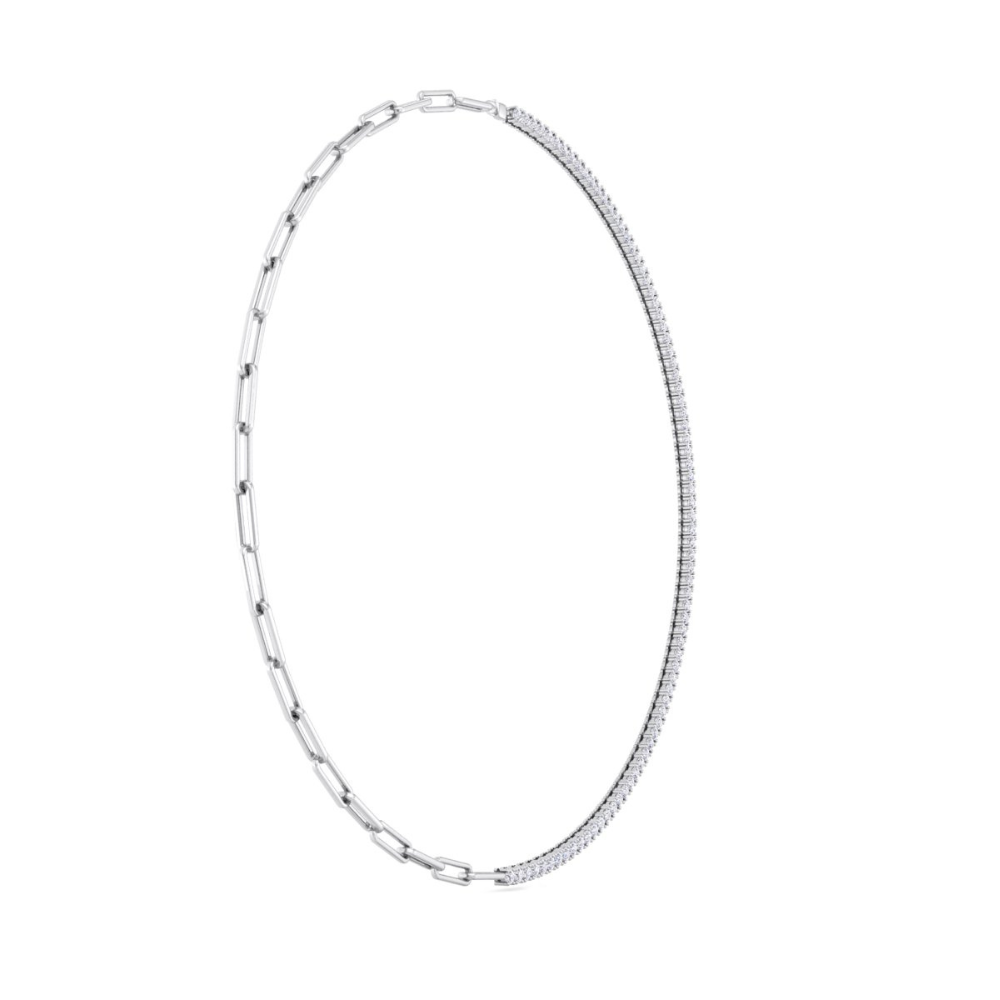 A unique half paperclip chain and half diamond tennis necklace made of gold, featuring sparkling round-cut diamonds in a sleek, modern design.