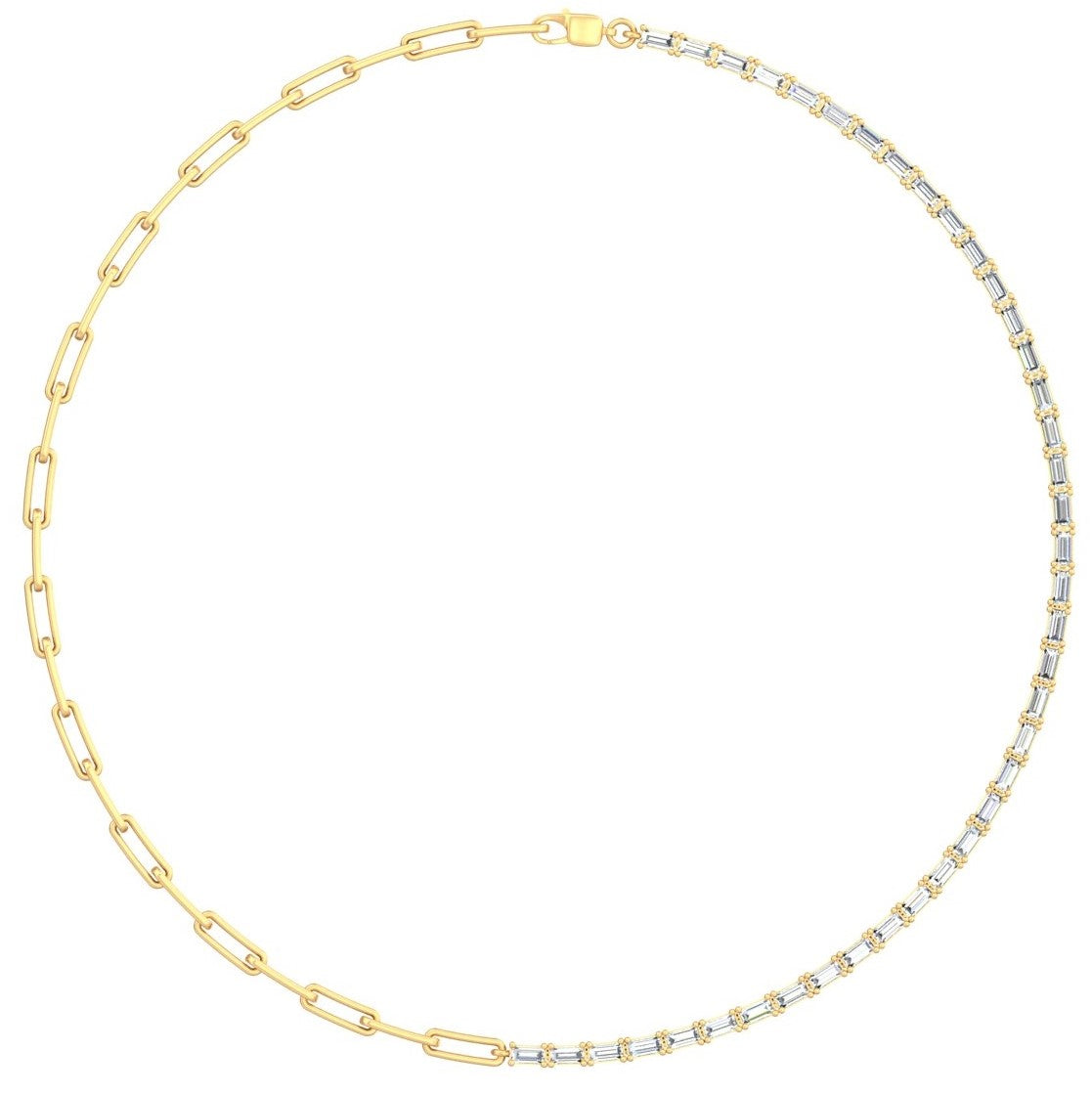 A gold necklace featuring half a sleek paperclip chain and half an emerald diamond tennis necklace, made with high-quality gold and sparkling emerald-cut diamonds.