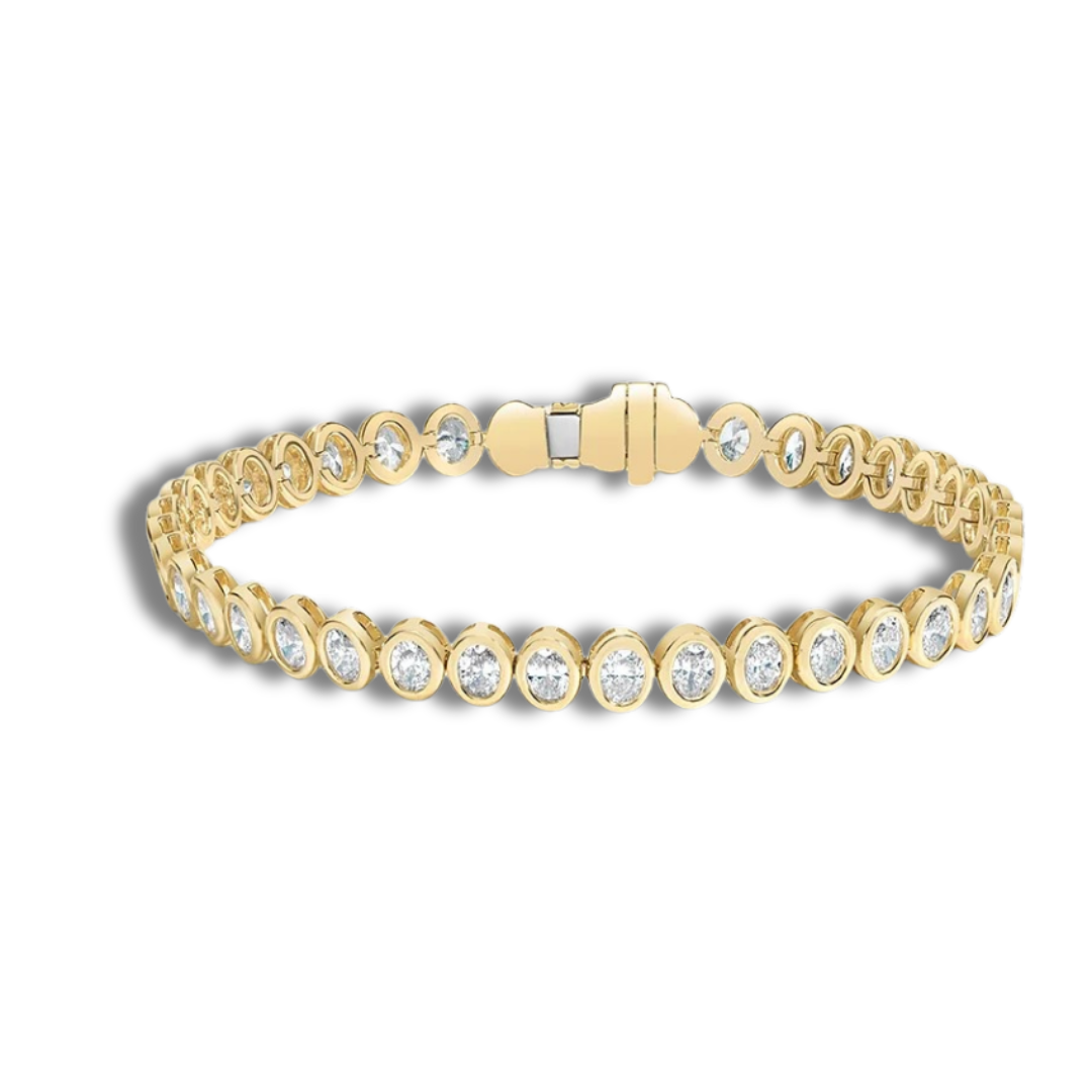 Oval cut diamond bezel set tennis bracelet featuring brilliant oval diamonds in a sleek bezel setting, crafted in 14k